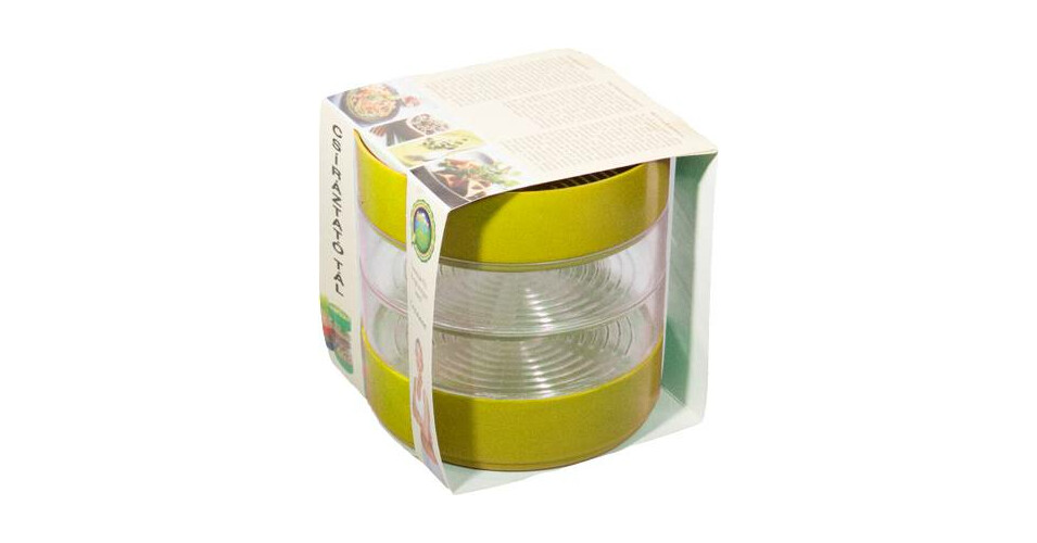 Négyrészes műanyag csíráztató tál dobozban, zöld és sárga, a multi-vitamin.hu termékfotója